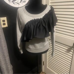 J Crew Gray Sweatshirt Womens XS Black Asymmetrical Ruffle Flirty Fun